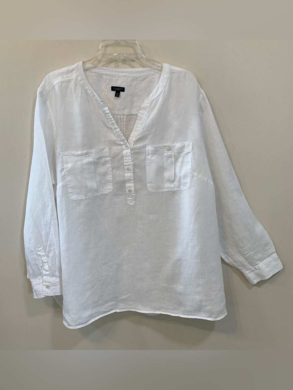 Talbots Linen Camp Shirt Sz 3X Petite White Roll Tab Sleeve Split Neck